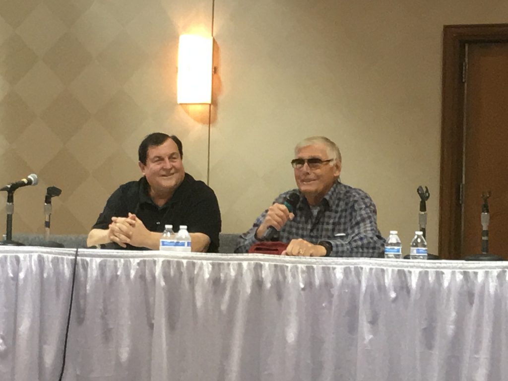 Burt Ward and Adam West greet eager fans at the Batman 50th Anniversary panel.