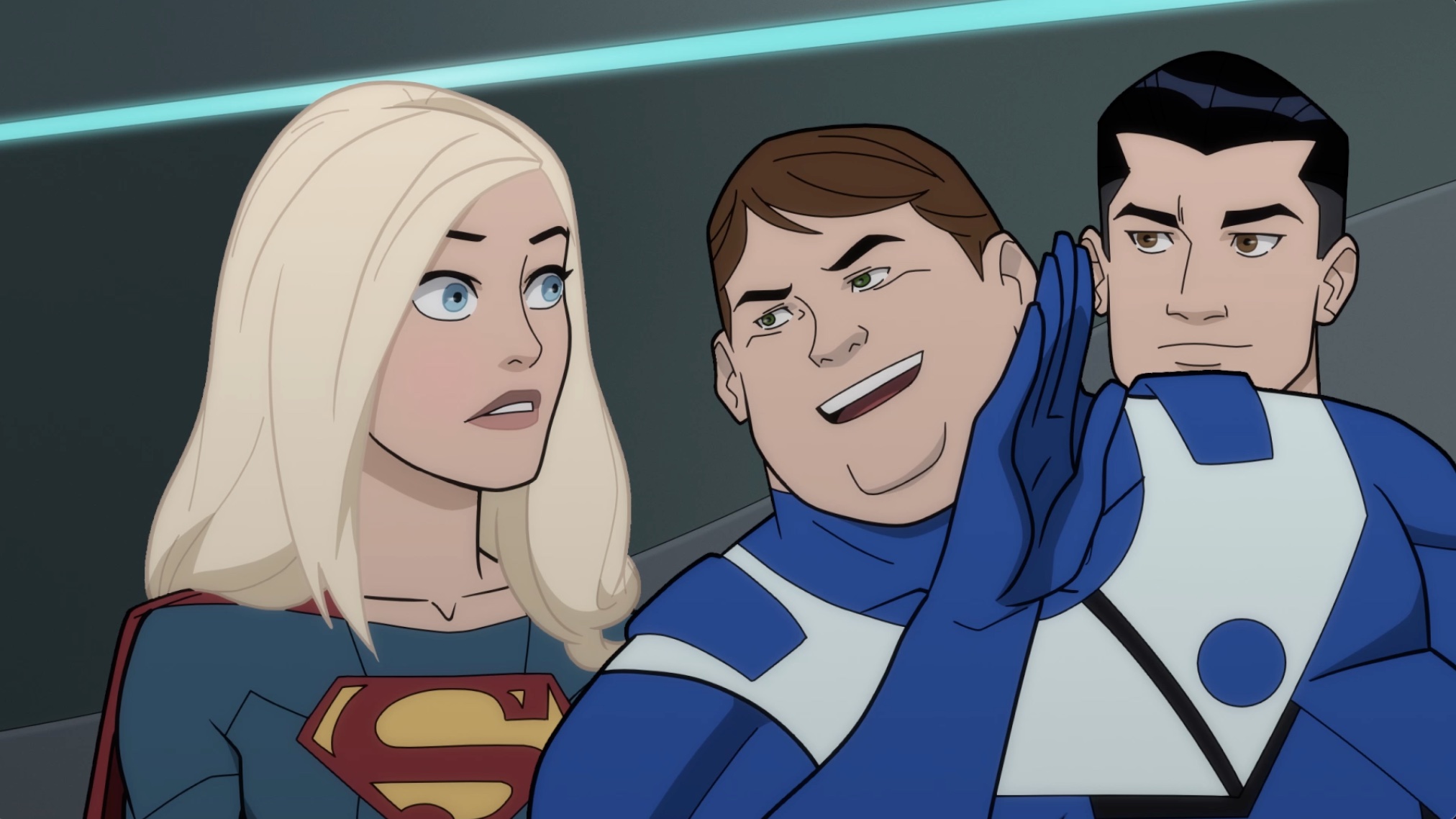 Bouncing Boy offers a little unsolicited insight to Supergirl, while Mon-El watches, during an early scene in Legion of Super-Heroes.
