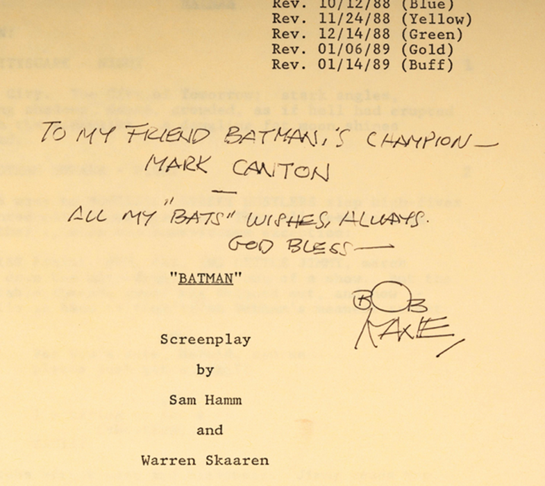 image of bob kane signature on Batman (1989) script